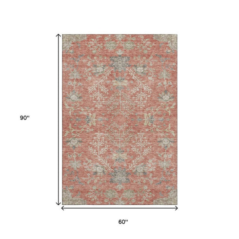 5' X 8' Coral Beige And Taupe Floral Washable Area Rug With UV Protection