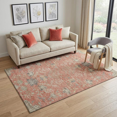 5' X 8' Coral Beige And Taupe Floral Washable Area Rug With UV Protection