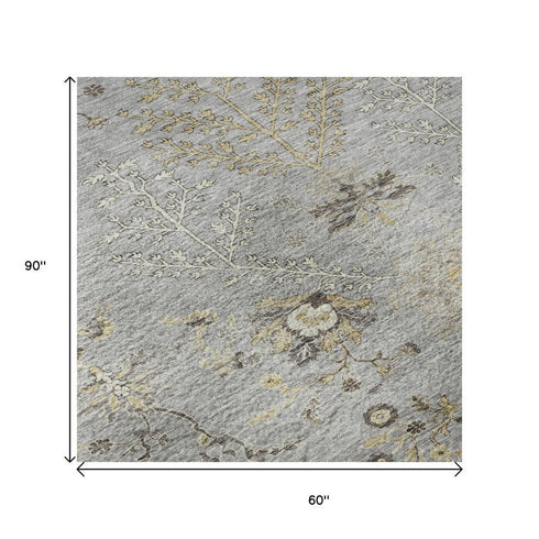 5' X 8' Gray Ivory And Gold Floral Washable Area Rug With UV Protection