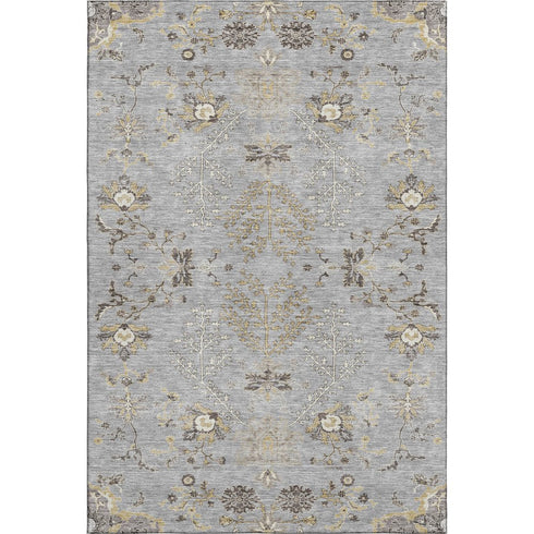 5' X 8' Gray Ivory And Gold Floral Washable Area Rug With UV Protection