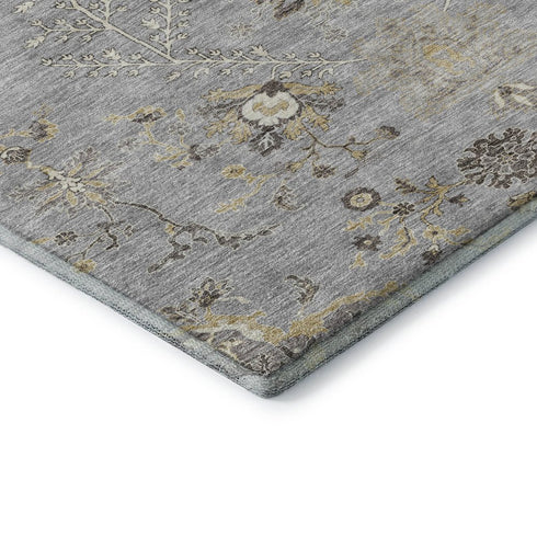 5' X 8' Gray Ivory And Gold Floral Washable Area Rug With UV Protection