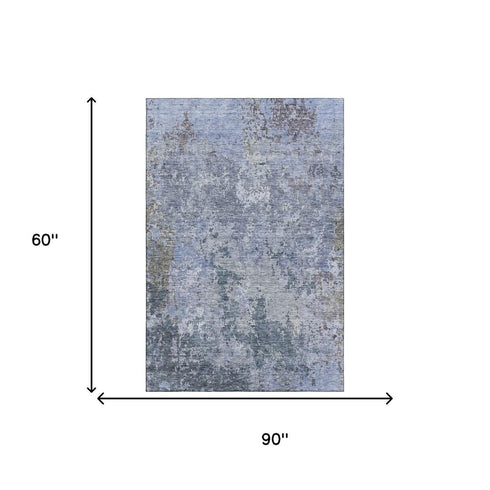 5' X 8' Blue And Gray Abstract Washable Area Rug With UV Protection