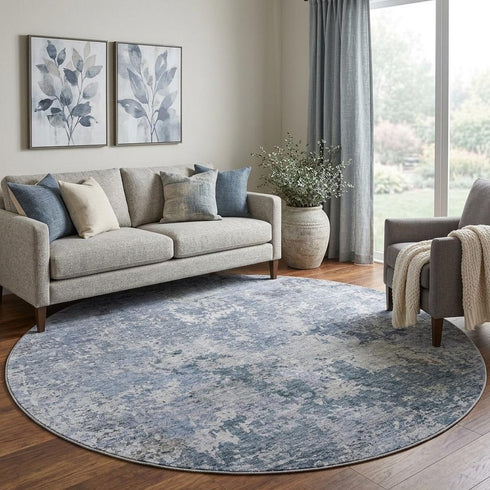 8' Blue And Gray Abstract Washable Round Rug With UV Protection