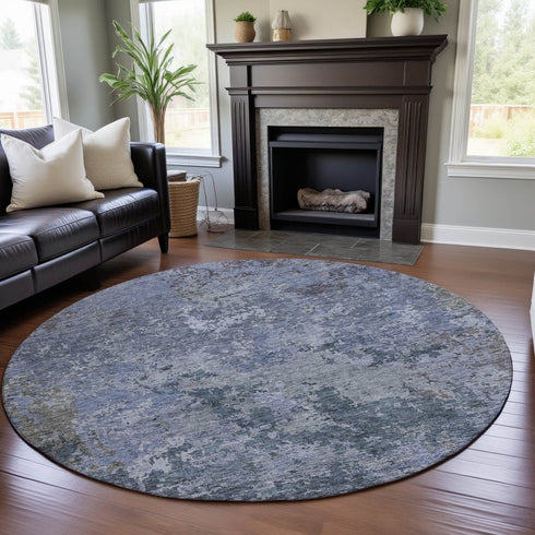 8' Blue And Gray Abstract Washable Round Rug With UV Protection