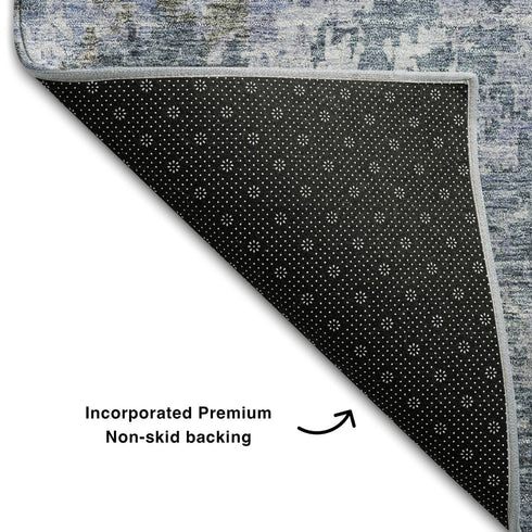 8' Blue And Gray Abstract Washable Round Rug With UV Protection
