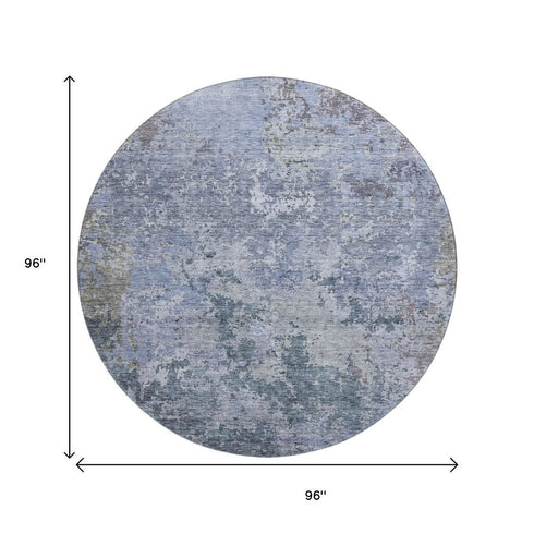 8' Blue And Gray Abstract Washable Round Rug With UV Protection