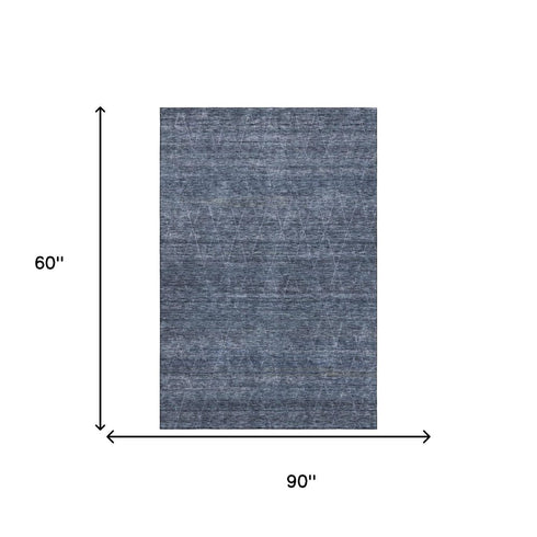 5' X 8' Navy Blue And Beige Geometric Washable Area Rug With UV Protection
