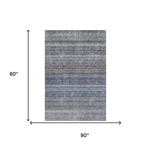 5' X 8' Blue And Gray Striped Washable Area Rug With UV Protection