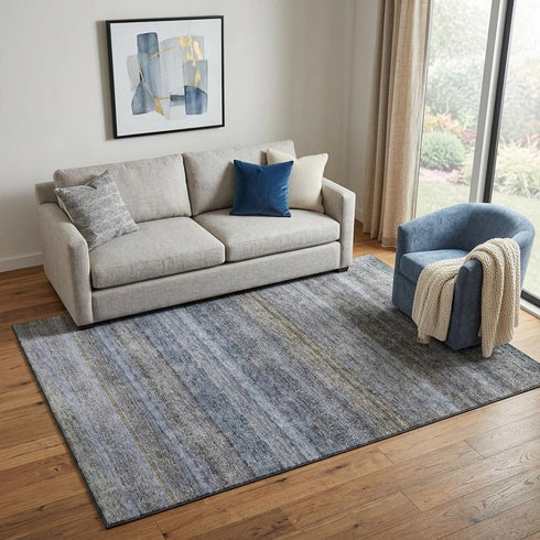 5' X 8' Blue And Gray Striped Washable Area Rug With UV Protection