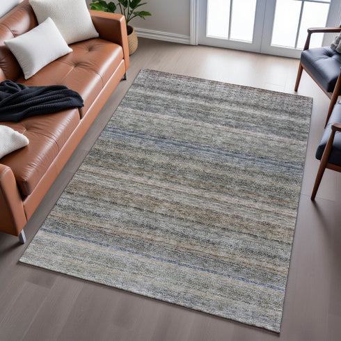 9' X 12' Taupe Beige And Blue Striped Washable Area Rug With UV Protection