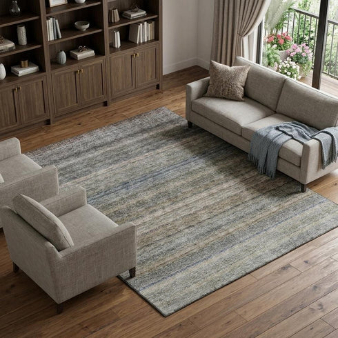 9' X 12' Taupe Beige And Blue Striped Washable Area Rug With UV Protection