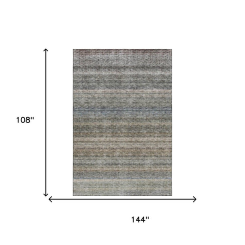 9' X 12' Taupe Beige And Blue Striped Washable Area Rug With UV Protection