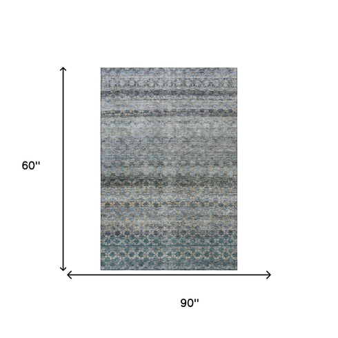 5' X 8' Blue Gray And Beige Striped Washable Area Rug With UV Protection