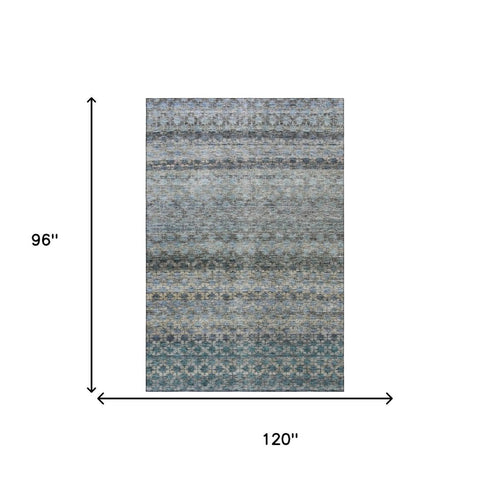 8' X 10' Blue Gray And Beige Striped Washable Area Rug With UV Protection
