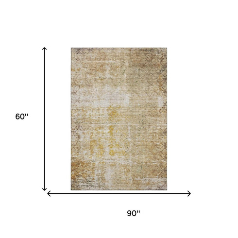 5' X 8' Gold Ivory And Beige Geometric Washable Area Rug With UV Protection
