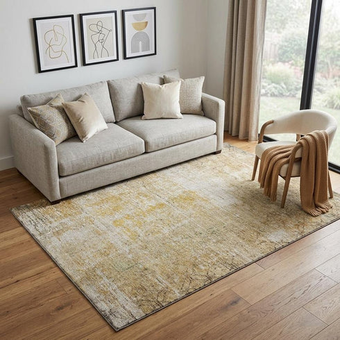 5' X 8' Gold Ivory And Beige Geometric Washable Area Rug With UV Protection