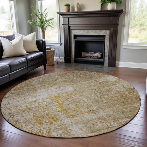 8' Gold Ivory And Beige Geometric Washable Round Rug With UV Protection