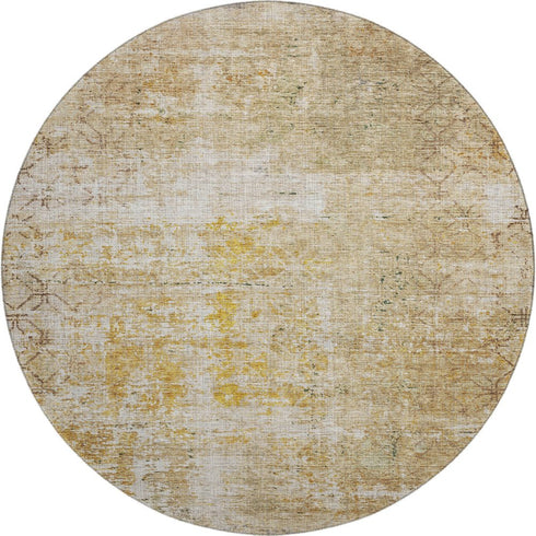 8' Gold Ivory And Beige Geometric Washable Round Rug With UV Protection