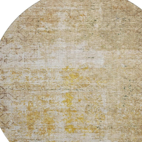 8' Gold Ivory And Beige Geometric Washable Round Rug With UV Protection