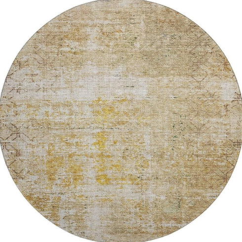 8' Gold Ivory And Beige Geometric Washable Round Rug With UV Protection