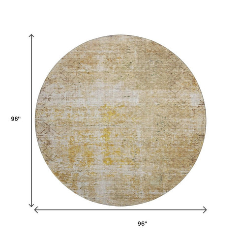 8' Gold Ivory And Beige Geometric Washable Round Rug With UV Protection