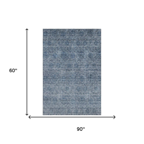 5' X 8' Blue And Silver Abstract Washable Area Rug With UV Protection