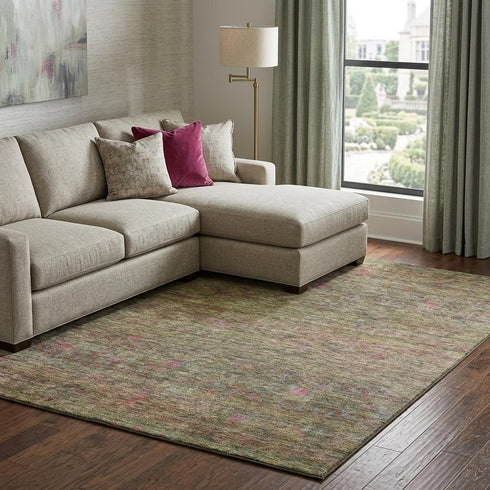 8' X 10' Artichoke Green And Pink Abstract Washable Area Rug With UV Protection