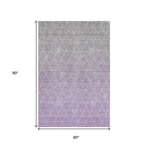 5' X 8' Lavender And Ivory Geometric Washable Area Rug With UV Protection