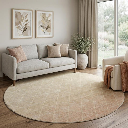 8' Salmon And Beige Geometric Washable Round Rug With UV Protection