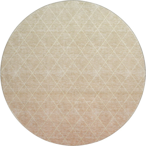 8' Salmon And Beige Geometric Washable Round Rug With UV Protection