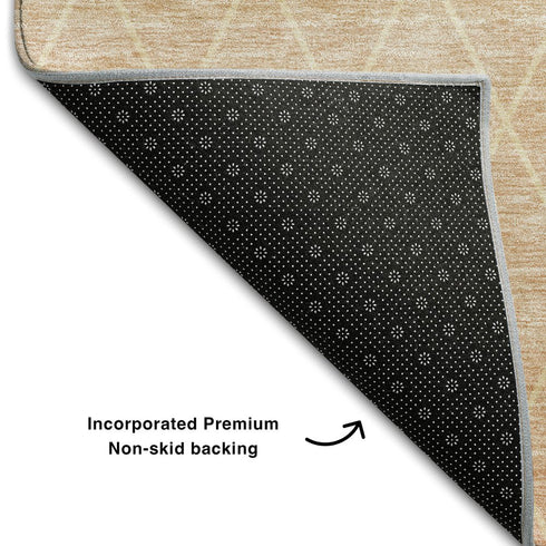 8' Salmon And Beige Geometric Washable Round Rug With UV Protection