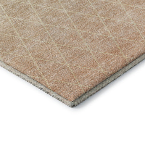 8' Salmon And Beige Geometric Washable Round Rug With UV Protection