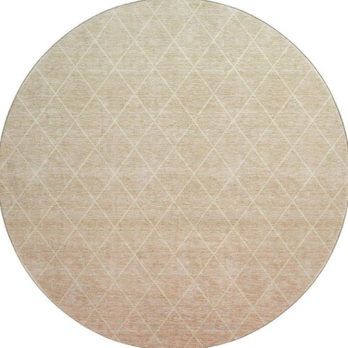 8' Salmon And Beige Geometric Washable Round Rug With UV Protection