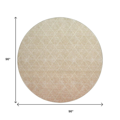 8' Salmon And Beige Geometric Washable Round Rug With UV Protection