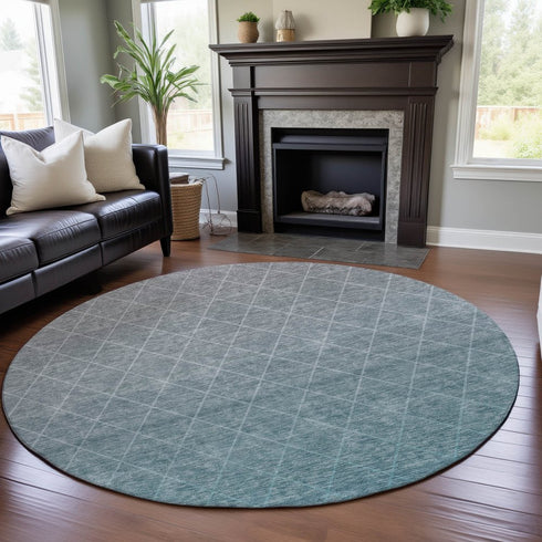 8' Teal And Ivory Geometric Washable Round Rug With UV Protection