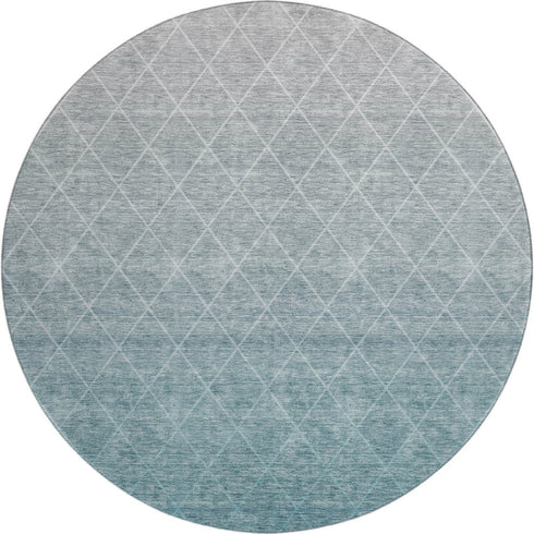 8' Teal And Ivory Geometric Washable Round Rug With UV Protection