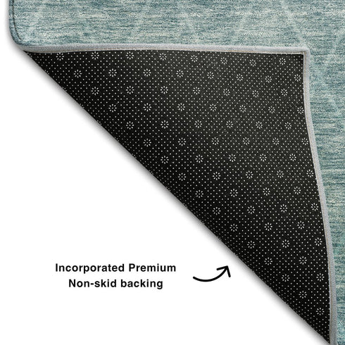 8' Teal And Ivory Geometric Washable Round Rug With UV Protection