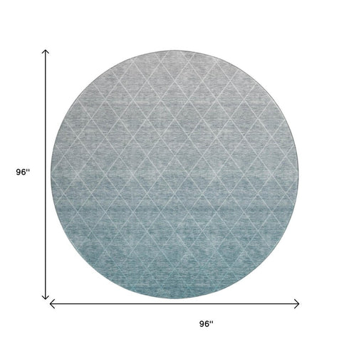 8' Teal And Ivory Geometric Washable Round Rug With UV Protection