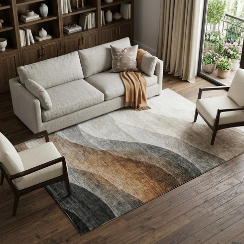 9' X 12' Khaki Ivory And Gray Abstract Washable Area Rug With UV Protection