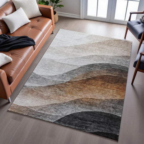 9' X 12' Khaki Ivory And Gray Abstract Washable Area Rug With UV Protection
