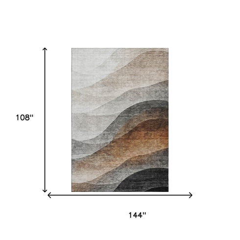 9' X 12' Khaki Ivory And Gray Abstract Washable Area Rug With UV Protection