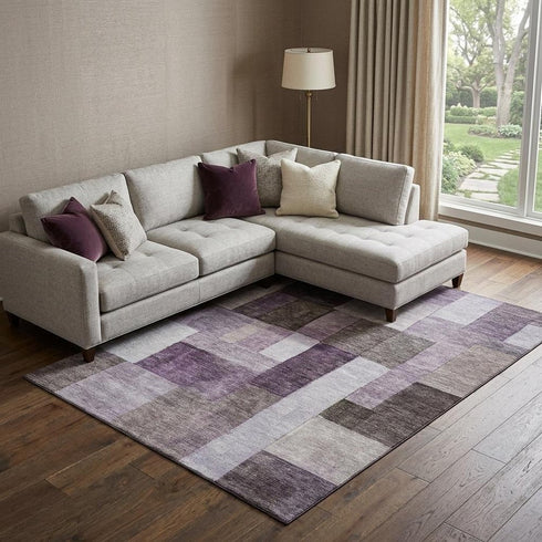 9' X 12' Eggplant Gray And Ivory Geometric Washable Area Rug With UV Protection