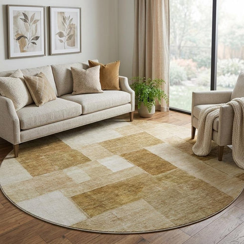 8' Terra Cotta Beige And Copper Geometric Washable Round Rug With UV Protection