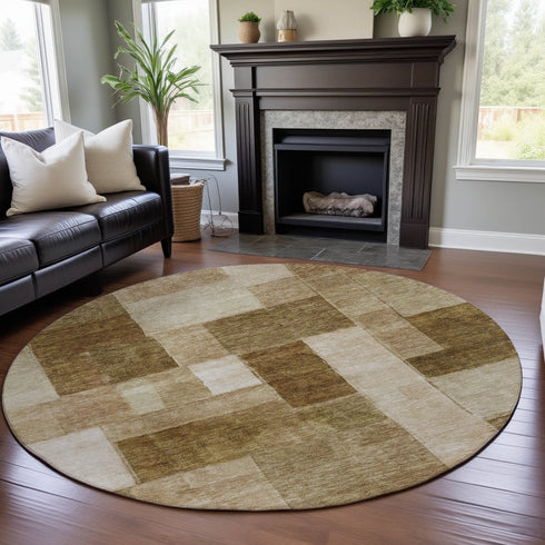 8' Terra Cotta Beige And Copper Geometric Washable Round Rug With UV Protection