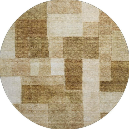 8' Terra Cotta Beige And Copper Geometric Washable Round Rug With UV Protection