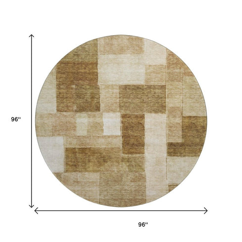 8' Terra Cotta Beige And Copper Geometric Washable Round Rug With UV Protection