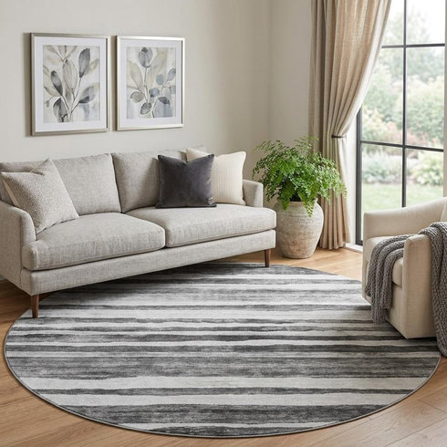 8' Charcoal And Ivory Striped Washable Round Rug With UV Protection