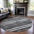 8' Charcoal And Ivory Striped Washable Round Rug With UV Protection