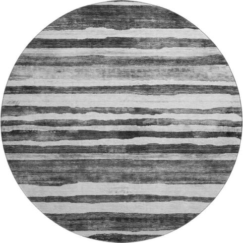 8' Charcoal And Ivory Striped Washable Round Rug With UV Protection
