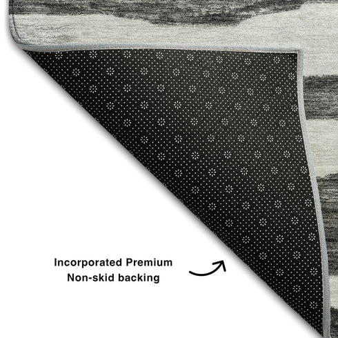 8' Charcoal And Ivory Striped Washable Round Rug With UV Protection